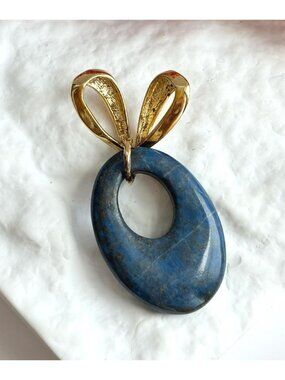 Lapis Lazuli Gemstone Oval Gold Vermeil Over Sterling 925 Vintage Pendant